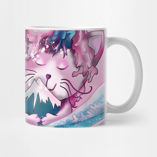 Pink cat hugging Mount Fuji in the wave off Kanagawa by cuisinecat